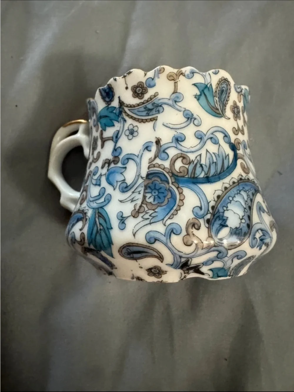 Blue & White Floral Porcelain Coffee Mug with Gold Accent